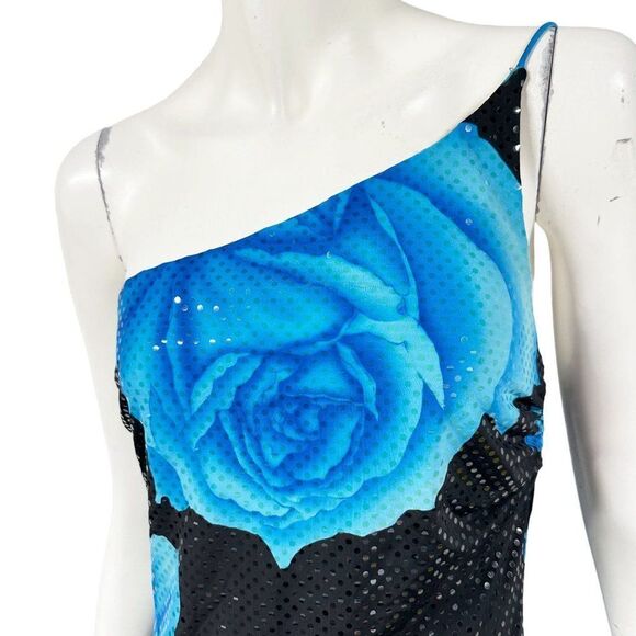 Vintage Cache Y2k 90s One Shoulder Rose Sequin Dress Asymmetric Hem Floral - Picture 2 of 9